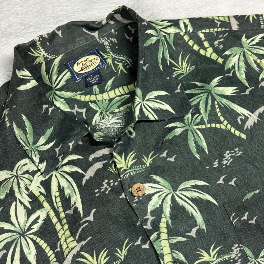 Tommy Bahama Shirt Mens Large Green Palm Tree Tropical Linen Button Up Aloha